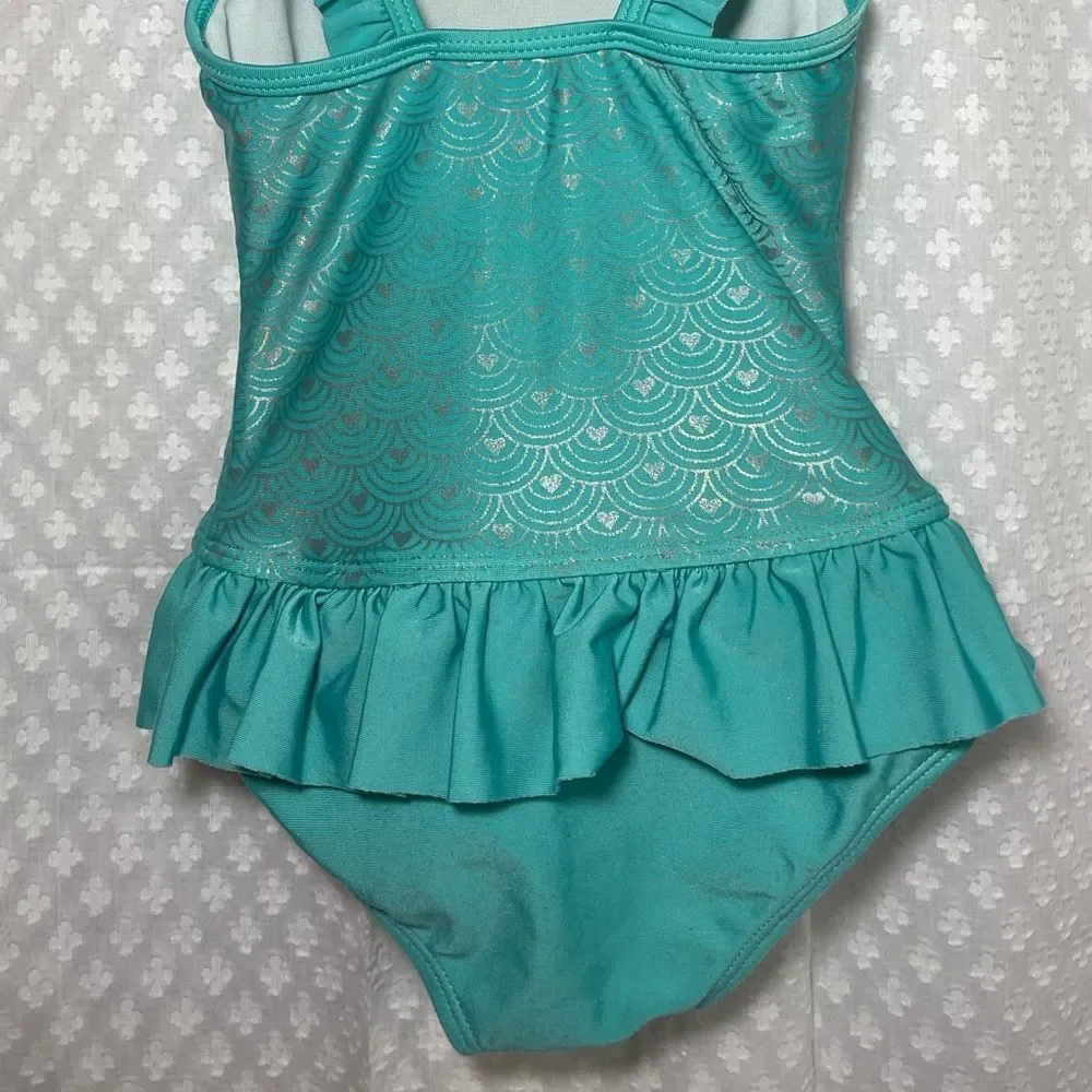 Cat & Jack Swimsuit Youth 4/5 Mermaid Teal Silver Ruffled Strap Girls Swim Beach